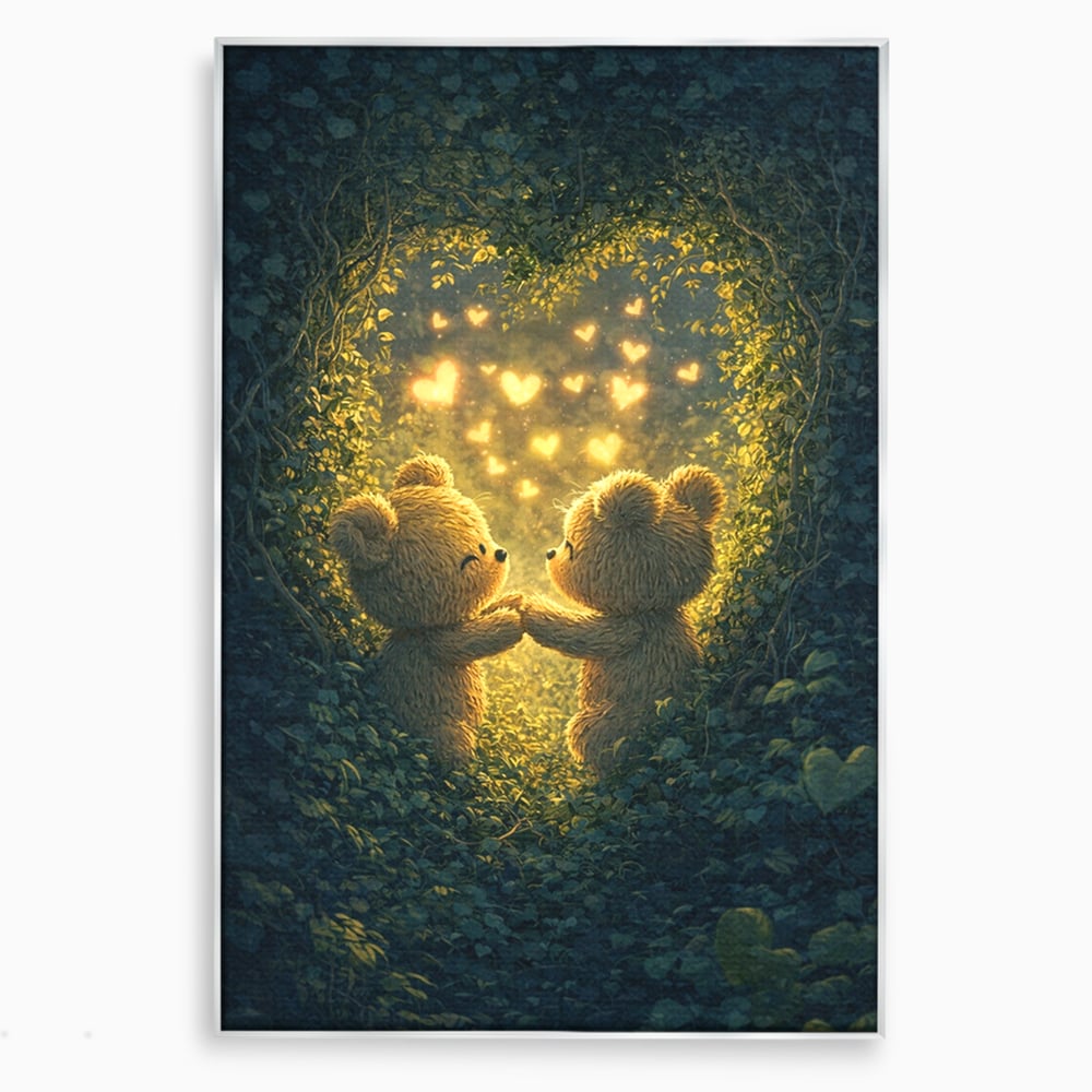 Tablou canvas cu doi ursuleti pufosi in padure, in rama de aluminiu argintiu